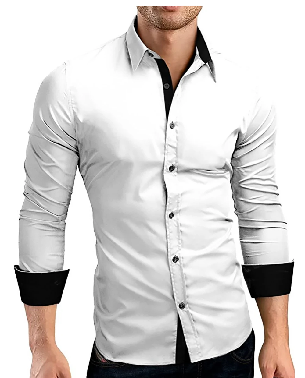 Мужские Рубашки, Модная Деловая Рубашка с Длинным Рукавом, Социальная Рубашка с Планкой, Мужская Однотонная Рабочая Рубашка с воротником на пуговицах - 0