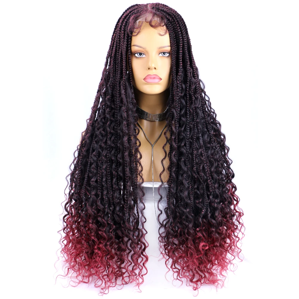 Омбре Бордовый Плетеный парик в клетку, синтетический парик на кружеве с волосами младенца, парики из длинных термостойких волокон Для женщин - 2
