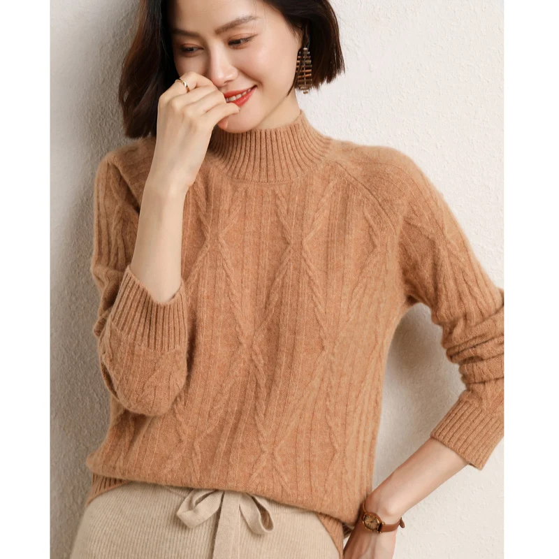 Осенне-зимний женский свитер из 100% шерсти, симметричный скрученный пуловер с высоким воротником наполовину, повседневный модный однотонный вязаный топ - 1