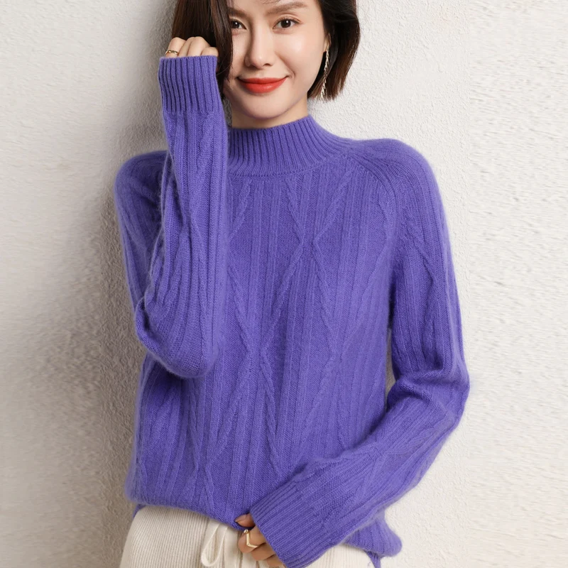 Осенне-зимний женский свитер из 100% шерсти, симметричный скрученный пуловер с высоким воротником наполовину, повседневный модный однотонный вязаный топ - 2