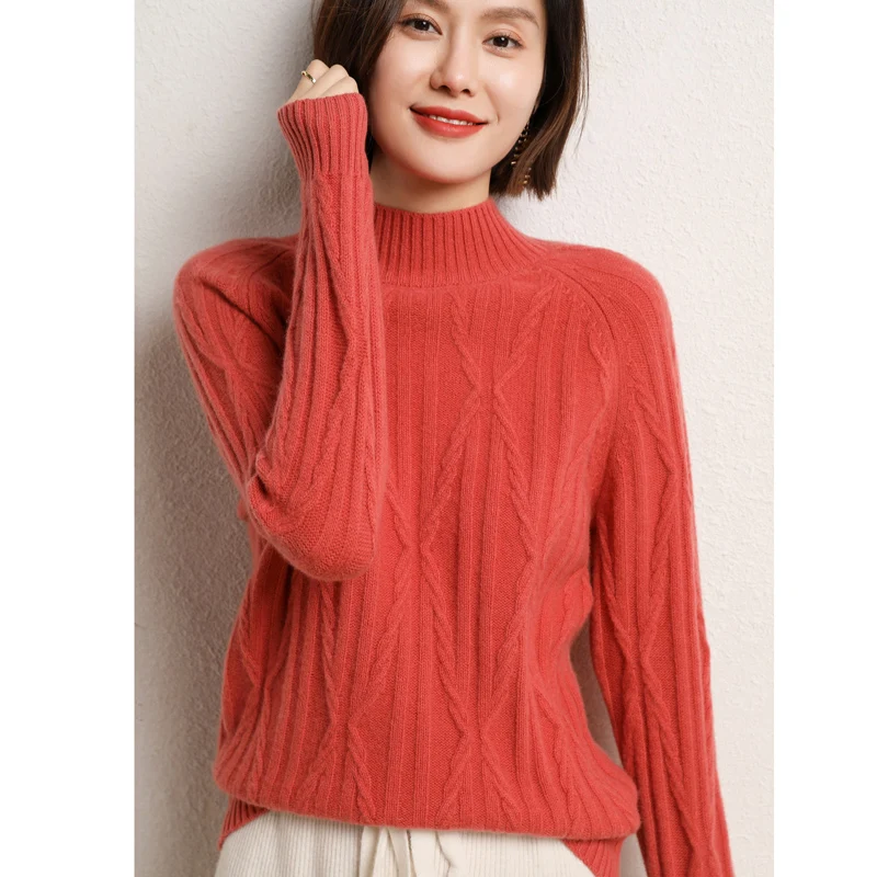 Осенне-зимний женский свитер из 100% шерсти, симметричный скрученный пуловер с высоким воротником наполовину, повседневный модный однотонный вязаный топ - 3