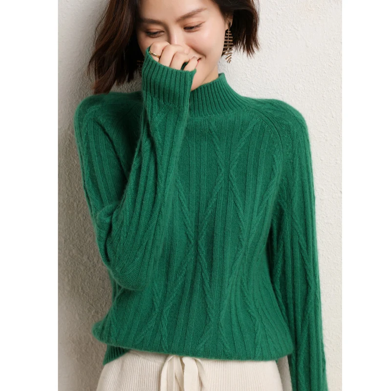 Осенне-зимний женский свитер из 100% шерсти, симметричный скрученный пуловер с высоким воротником наполовину, повседневный модный однотонный вязаный топ - 4