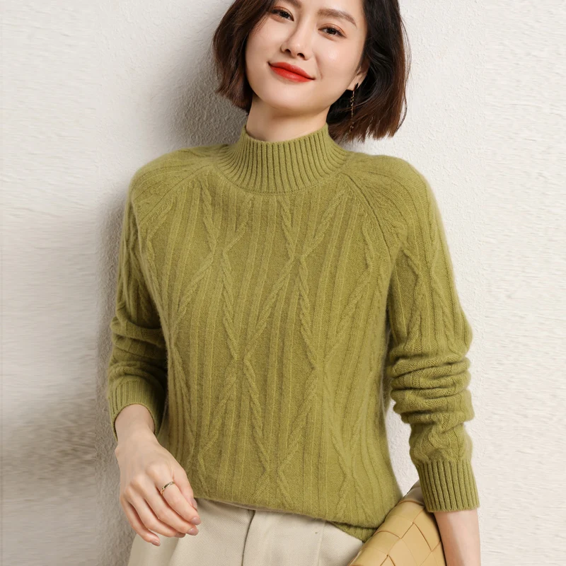 Осенне-зимний женский свитер из 100% шерсти, симметричный скрученный пуловер с высоким воротником наполовину, повседневный модный однотонный вязаный топ - 5