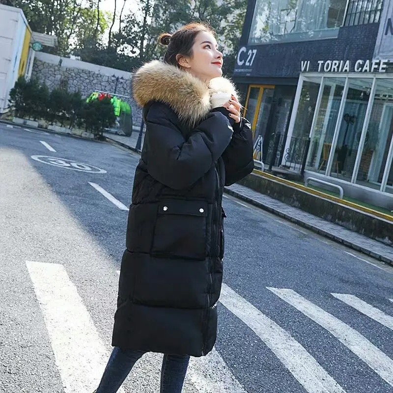 Толстое пальто Корейская версия Зимняя Новая Парка на хлопковом пуху С капюшоном Зимние Однотонные Свободные парки Меховая куртка Женская Повседневная V32 - 0