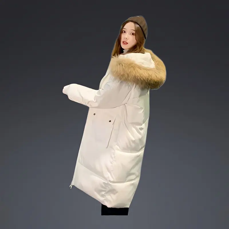 Толстое пальто Корейская версия Зимняя Новая Парка на хлопковом пуху С капюшоном Зимние Однотонные Свободные парки Меховая куртка Женская Повседневная V32 - 2